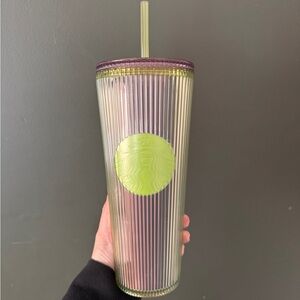 Starbucks 2025 Neon Transparent Lime Lilac Pleated Striped Venti Tumbler 24oz